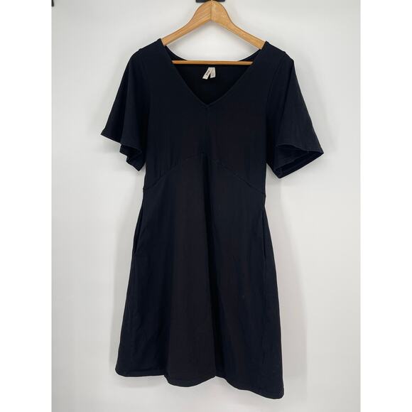 Pact Organic Cotton V-Neck Short Flutter Sleeve A-Line Dress Black Size Small
